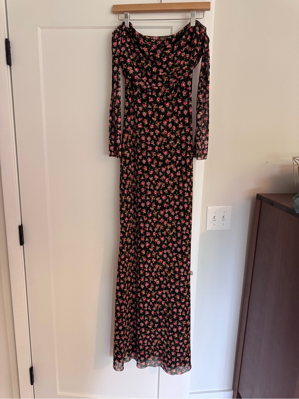 Black Floral Off-Shoulder Mesh Maxi Dress - Pink Floral